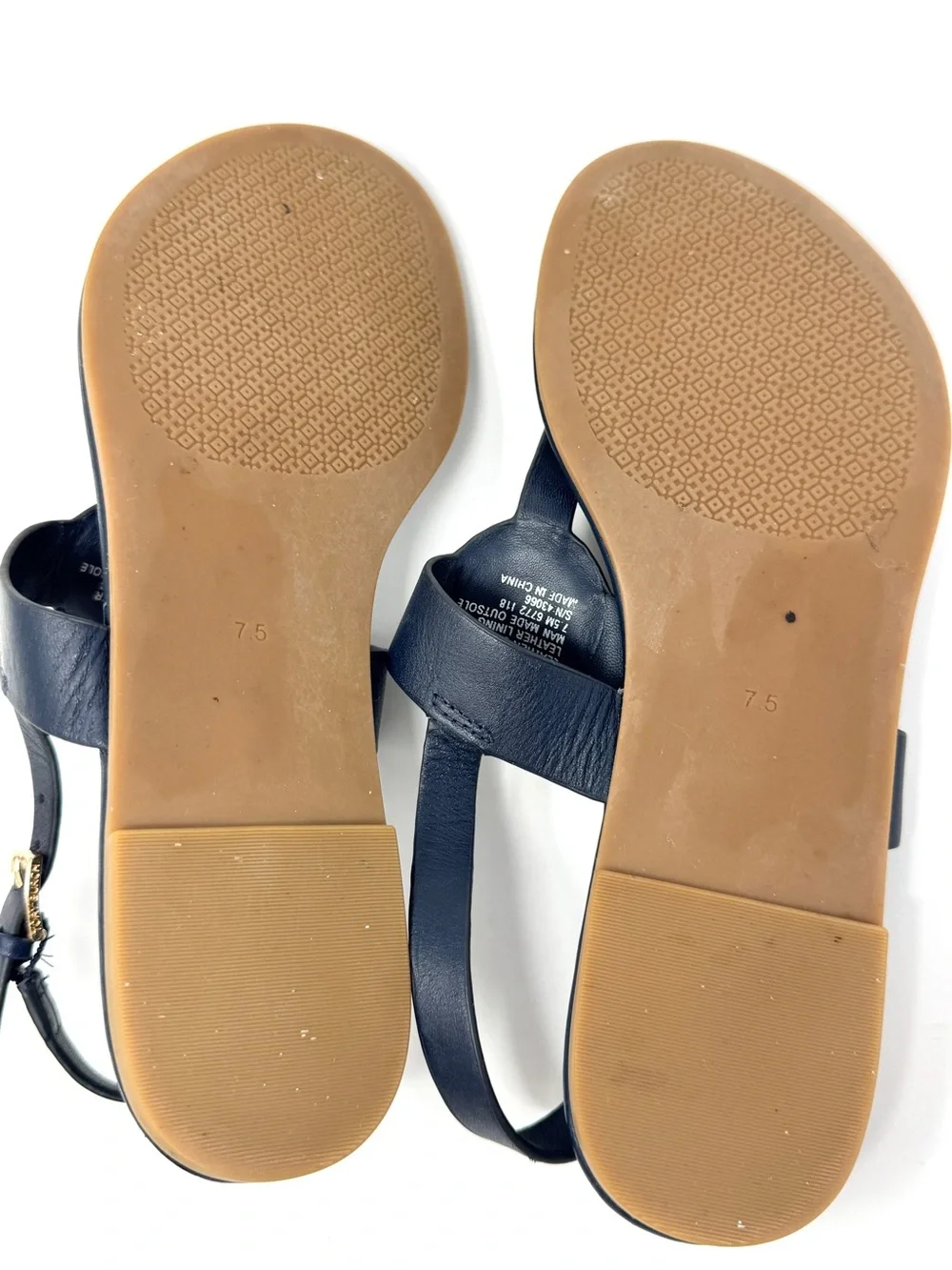 Tory Burch Bryce Navy Leather Logo Thong Sandals with Gold Logo Medallions